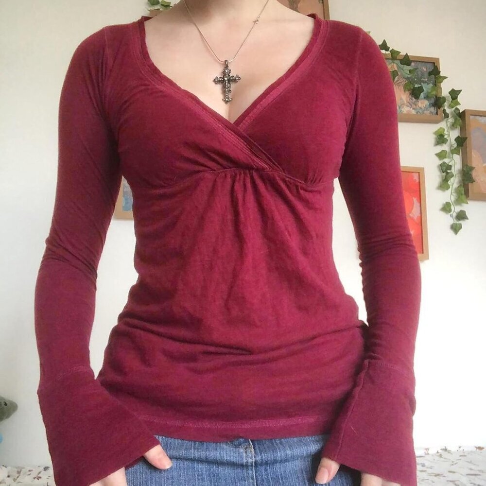 Y2K Fairy Grunge Top Women Long Sleeve V Neck Slim Fit Vintage T Shirt - Picture 3 of 5